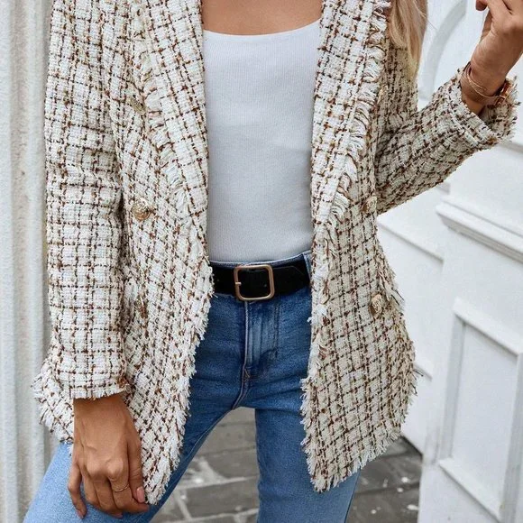 Multicolor Preppy Womens Plaid Pattern Raw Trim Lapel Collar Tweed Blazer - Picture 5 of 5